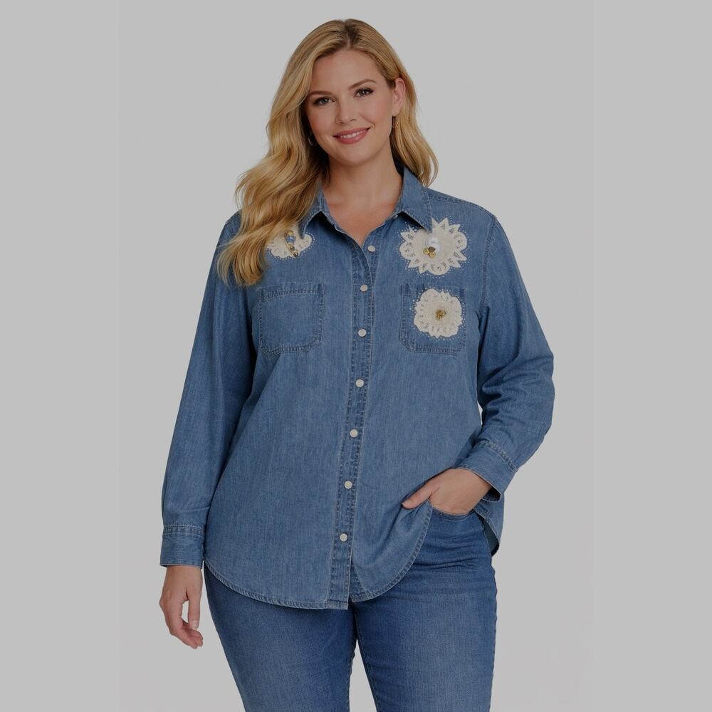 Vintage Blue Denim Blouse Size XL Doily Appliques Angels Buttons Cottage Granny